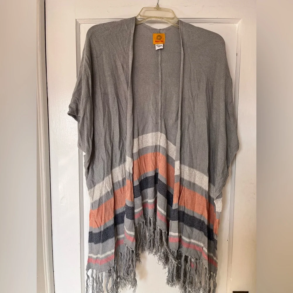 Ruby Rd. Gray and Orange Striped Fringe Shawl - Picture 1 of 4